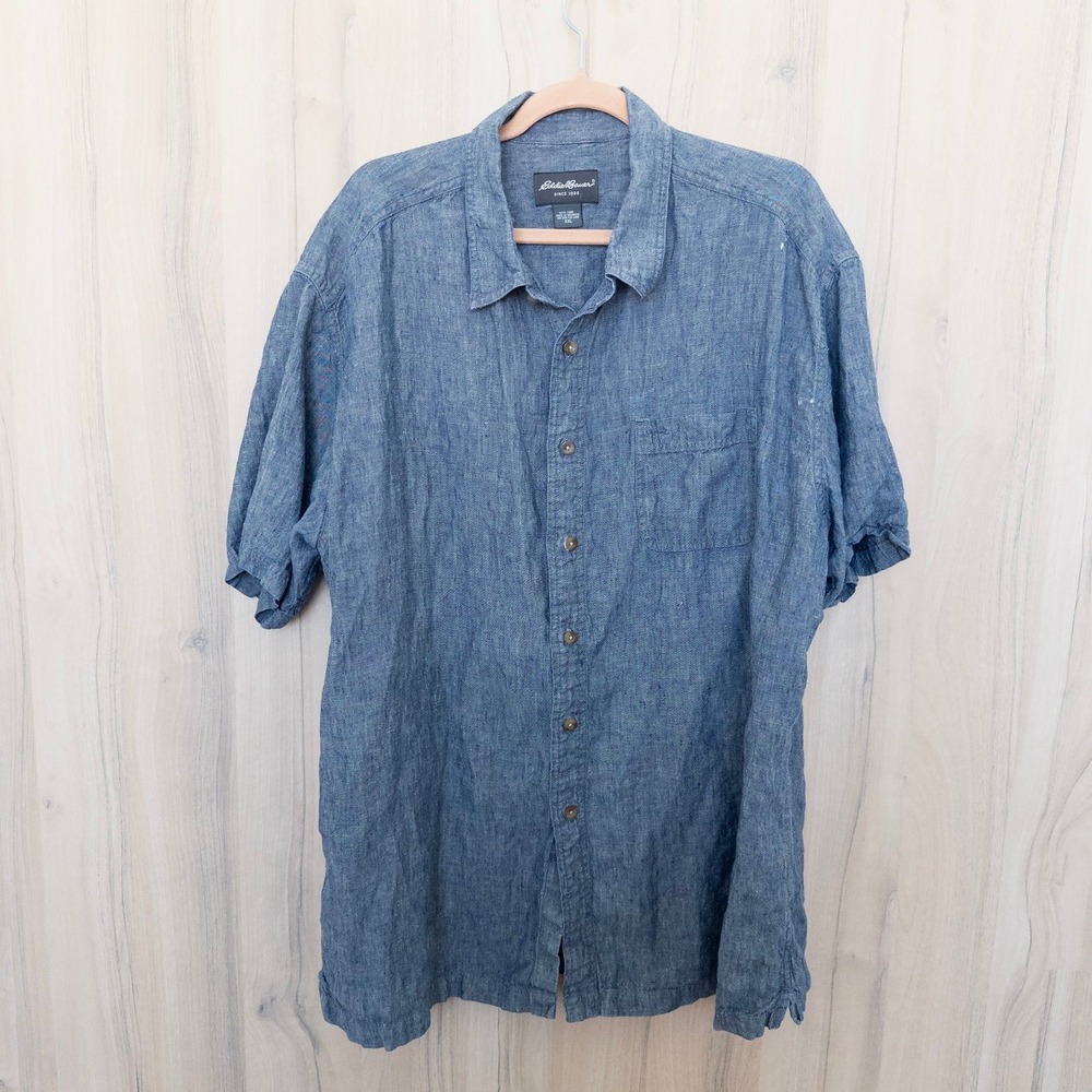 Eddie Bauer Mens Linen Short Sleeve Shir XXL Blue Button Down Coastal Nautical